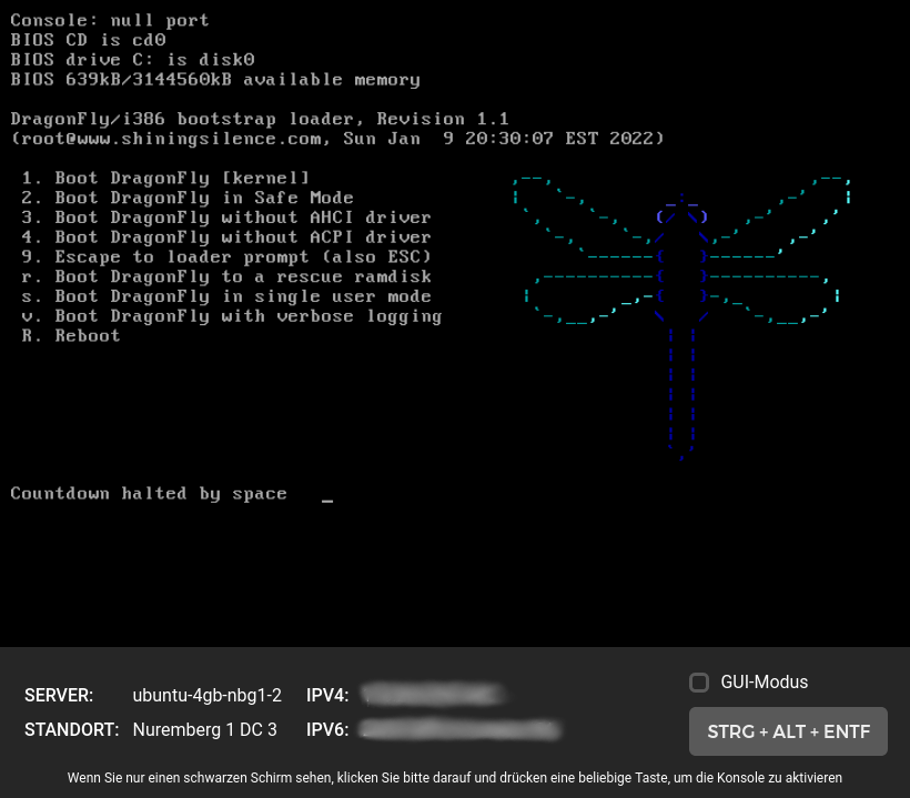 Hetzner Console booting DragonFly